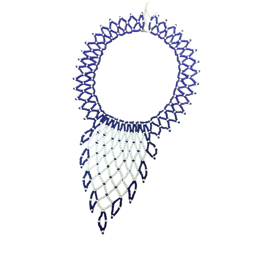Cherokee Made Beaded Necklace- Blue and White